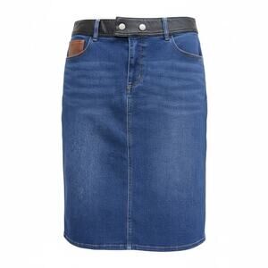 EST 1946 Blue Denim Skirt Size 14 Mid Length street chic Leather Trim Pockets
